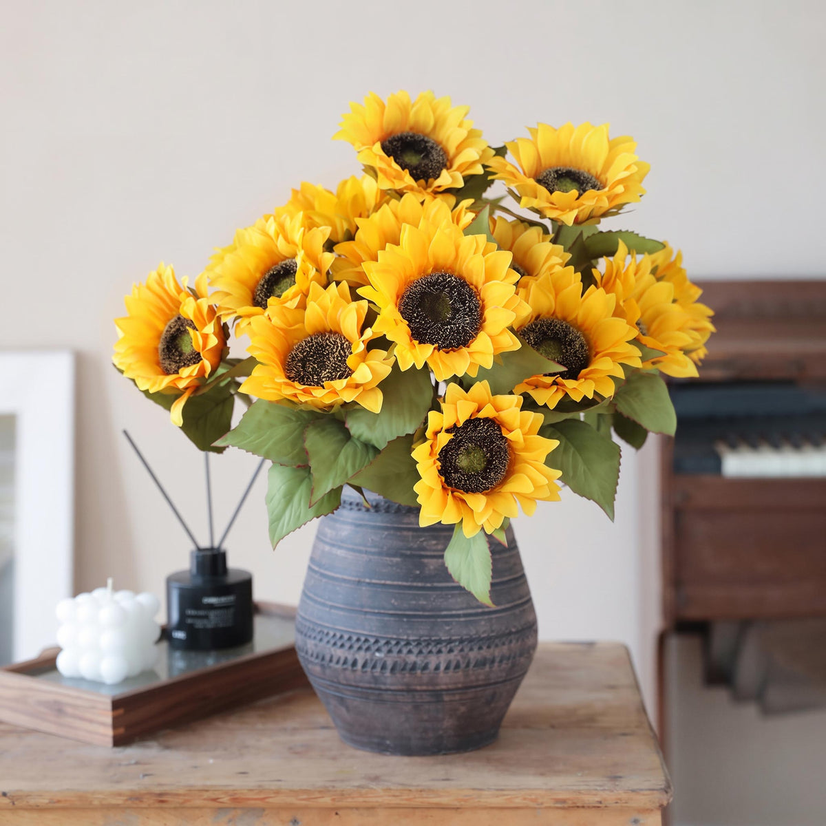 Faux Sunflower Floral Arrangement in Vintage Ceramic Vase - 17.8"