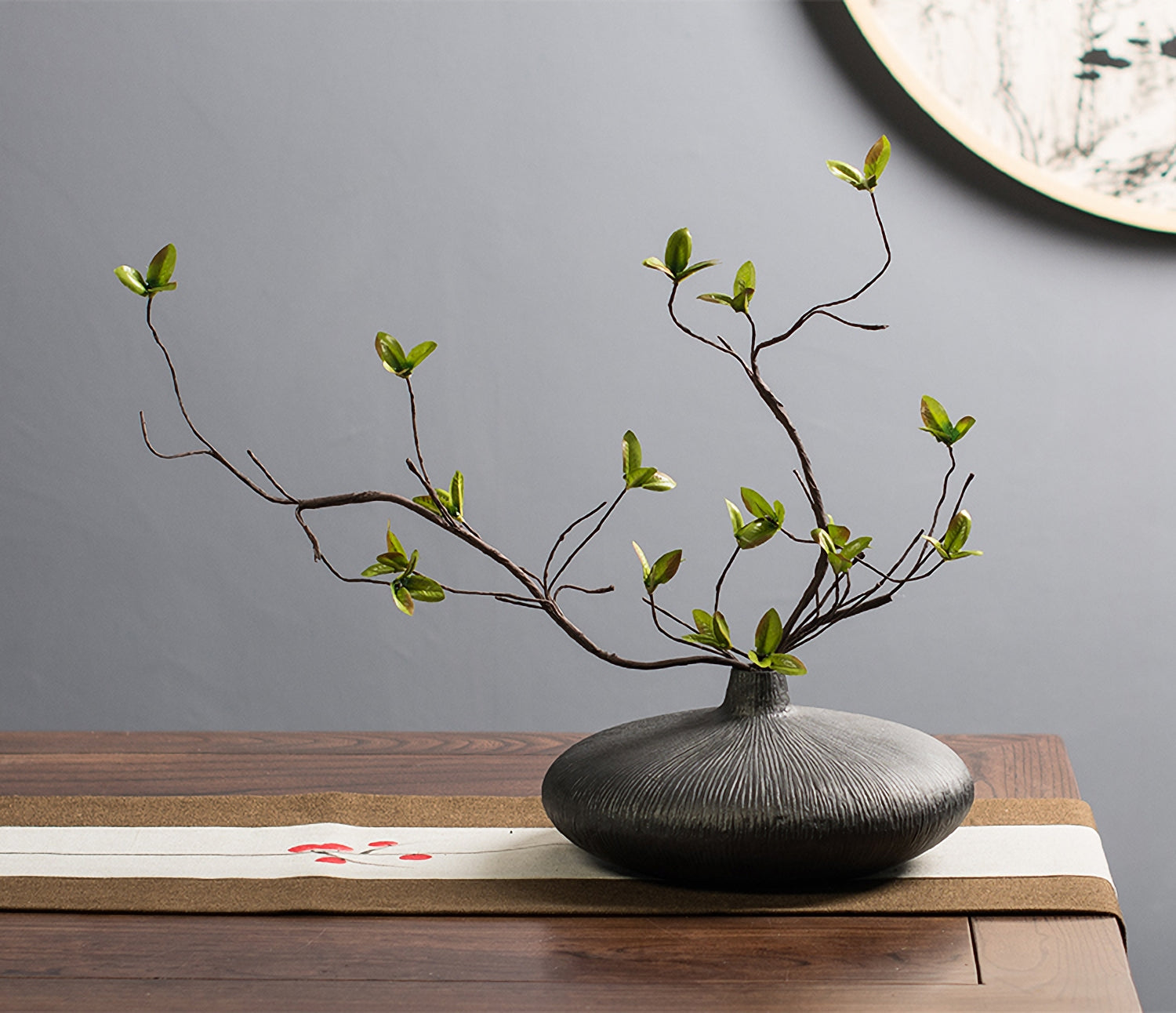 Ramo di Ficus Finto Multi-Ramificato in Vaso di Ceramica Smaltata Nera - 21.6"