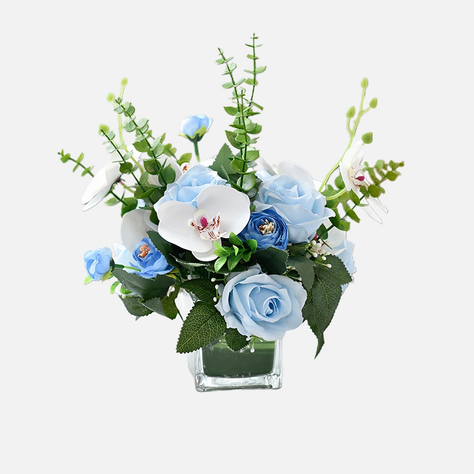 Centrotavola in seta con rosa blu, orchidea falena e foglie di eucalipto - 7.8"