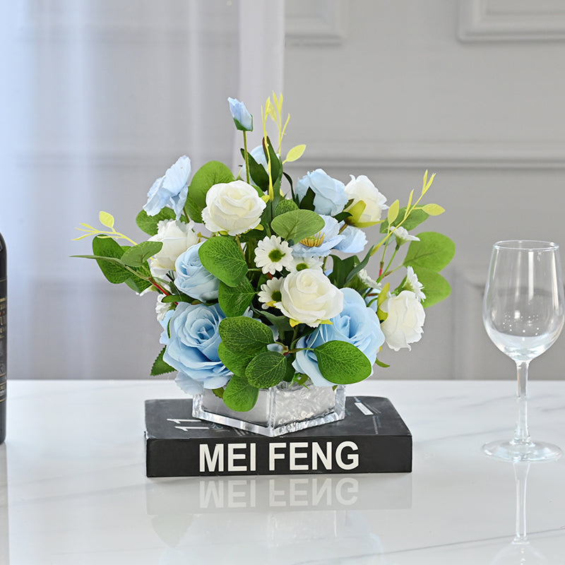 Centrotavola in seta con rosa bianca e blu, crisantemo selvatico e peonia - 9.8"