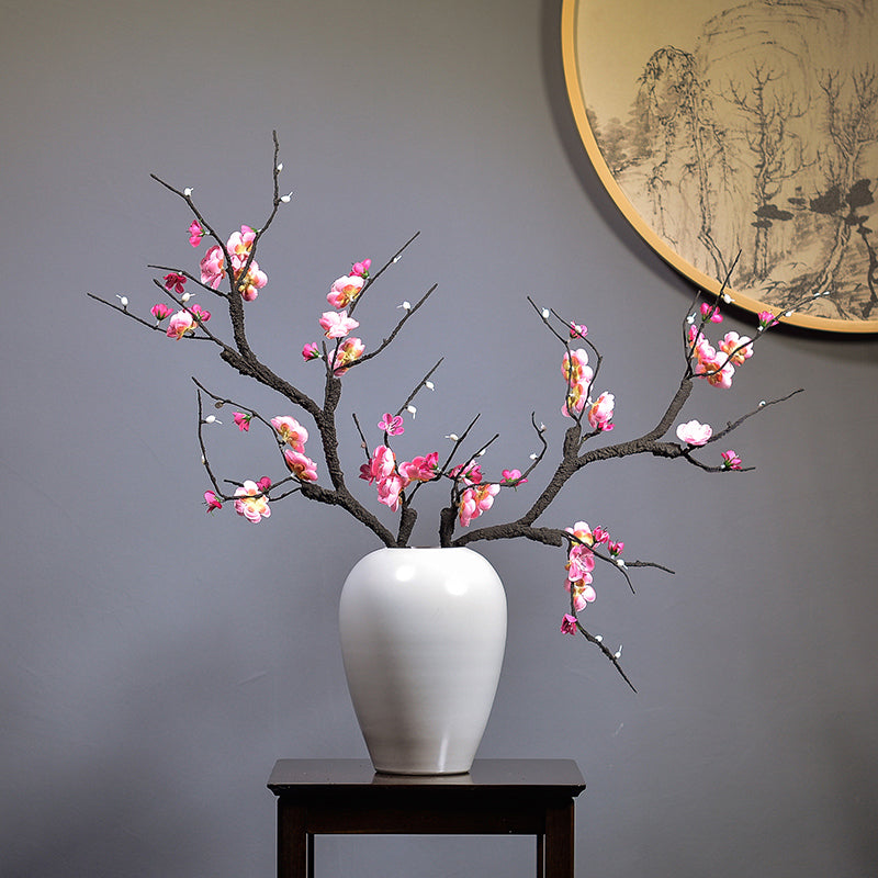 Chinese Artificial Plum Blossoms in White Ceramic Vase - 25.5"
