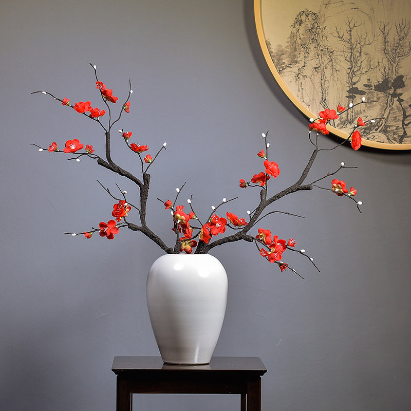 Chinese Artificial Plum Blossoms in White Ceramic Vase - 25.5"