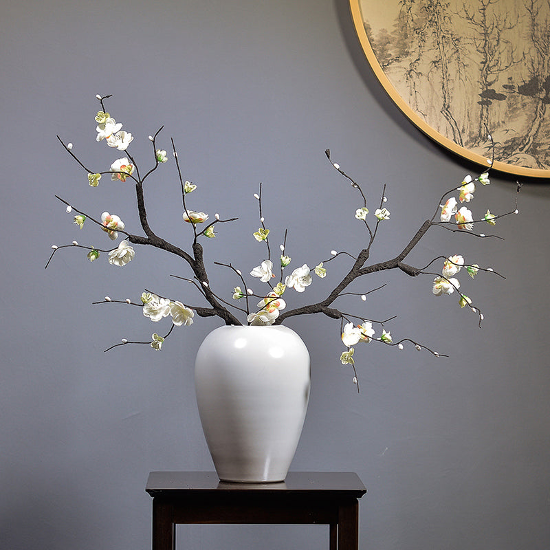 Chinese Artificial Plum Blossoms in White Ceramic Vase - 25.5"