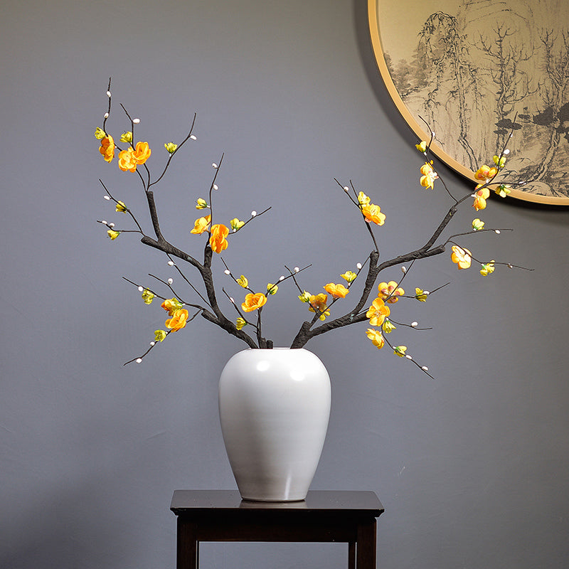 Chinese Artificial Plum Blossoms in White Ceramic Vase - 25.5"