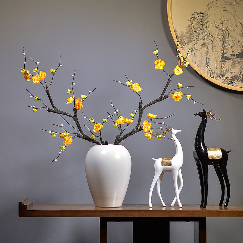 Chinese Artificial Plum Blossoms in White Ceramic Vase - 25.5"