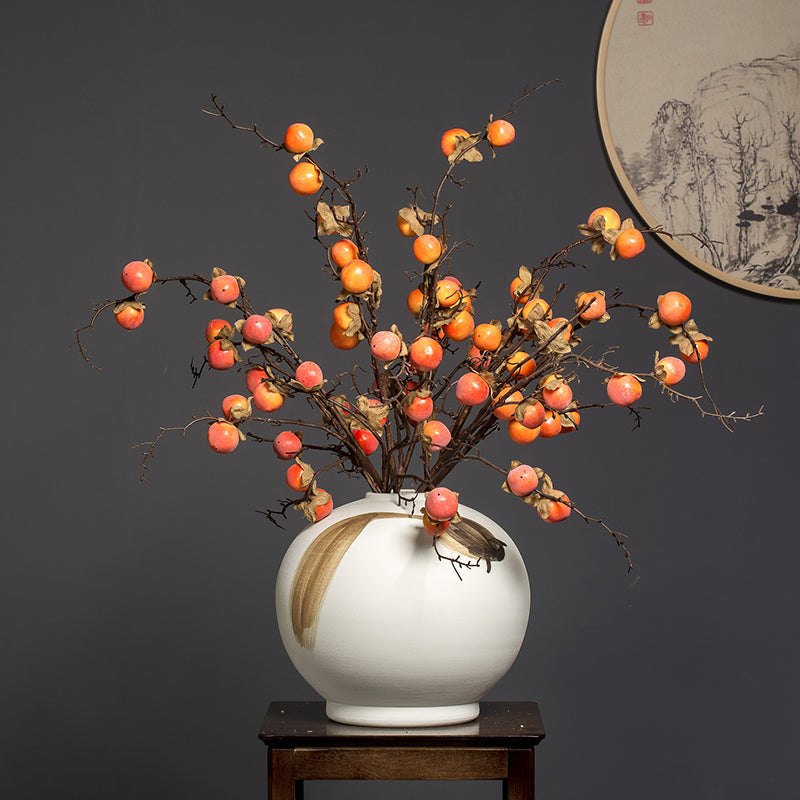 Artificial Ripe Persimmons in Ceramic Vase with Hand-Painted Fish - 33"