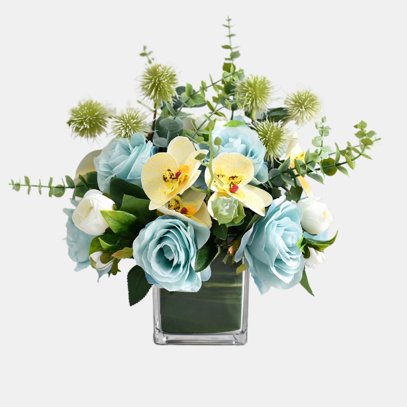 Lake Blue Rose, Phalaenopsis-Orchidee, Nelkenwurz & Eukalyptusblätter Künstliches Blumenarrangement - 10.6"