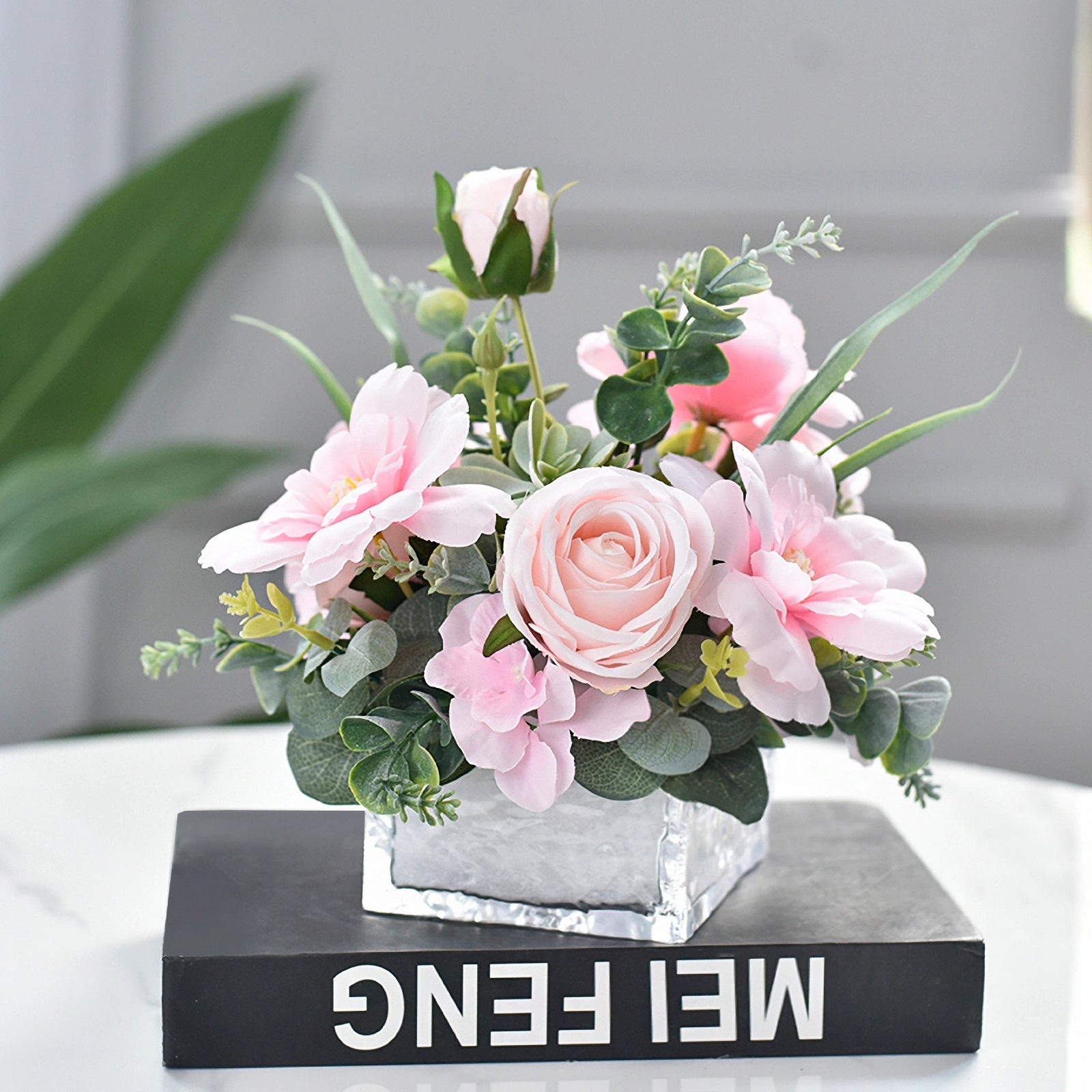 Light Pink Rose, Hydrangea, Cockscomb & Succulent Plants Fake Flower Centerpiece - 7.8"