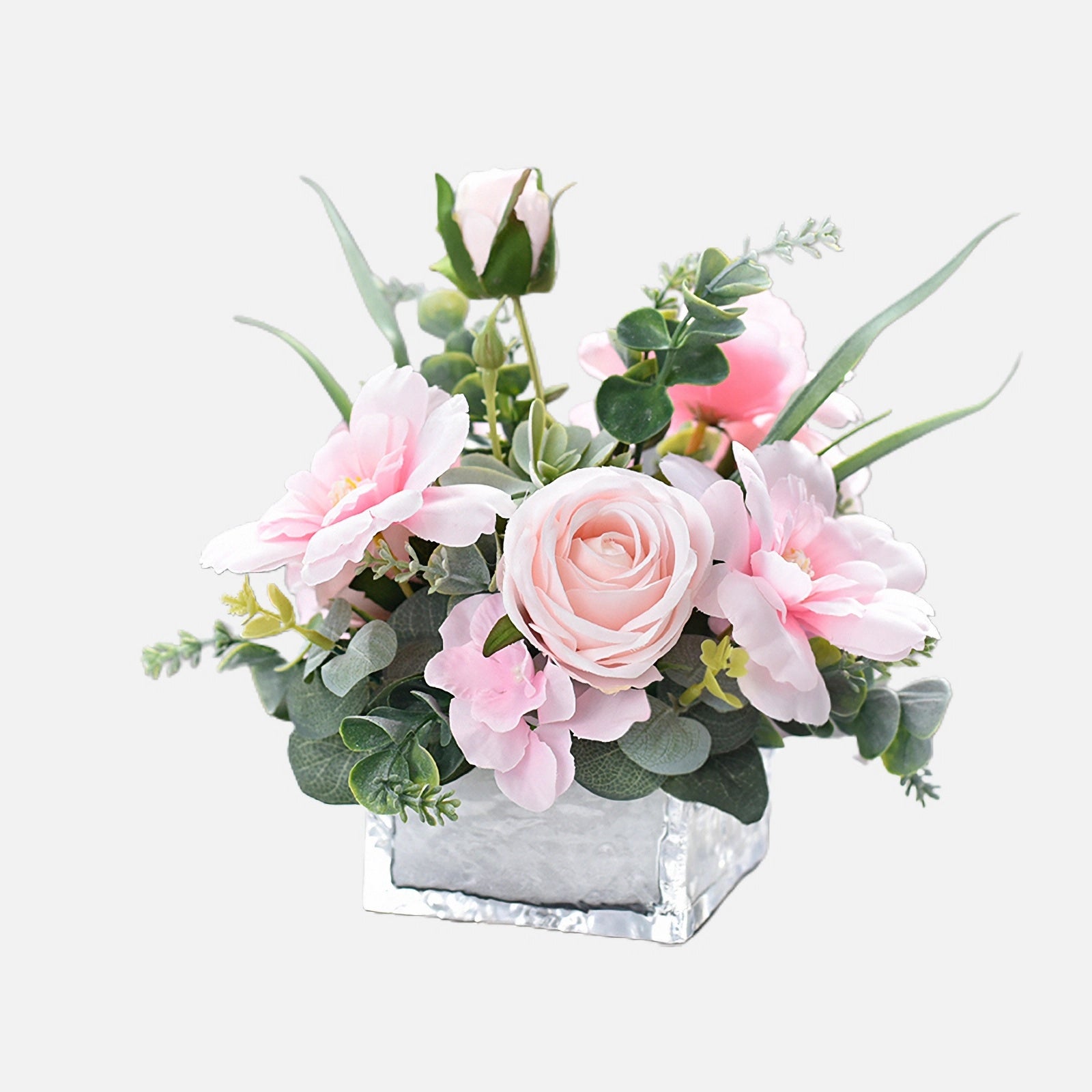 Light Pink Rose, Hydrangea, Cockscomb & Succulent Plants Fake Flower Centerpiece - 7.8"