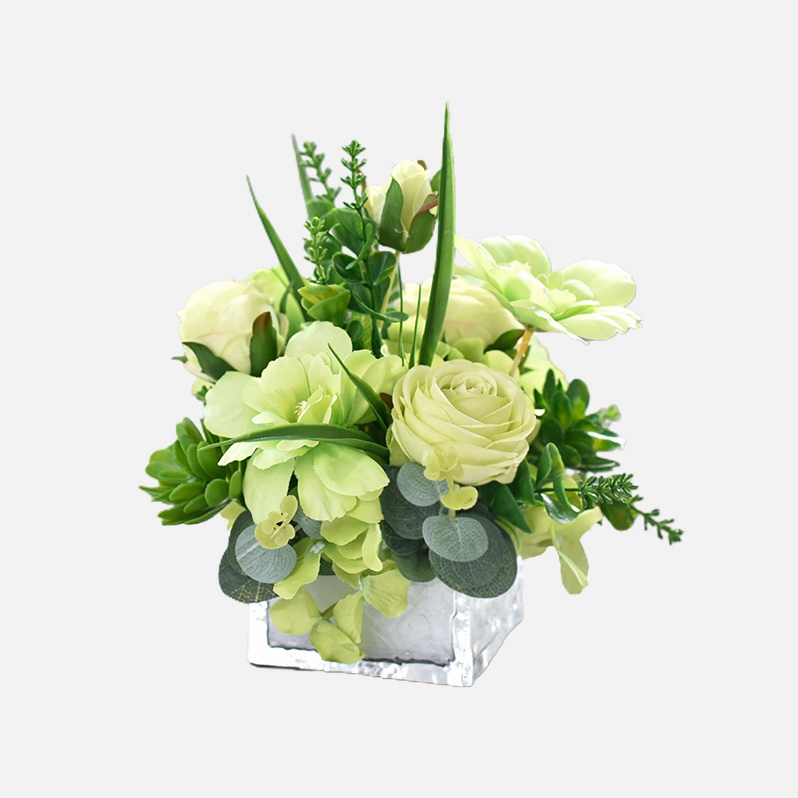 Composizione di fiori di seta con piante di tè verde Matcha, rosa, ortensia, cresta di gallo e succulente - 7.8"