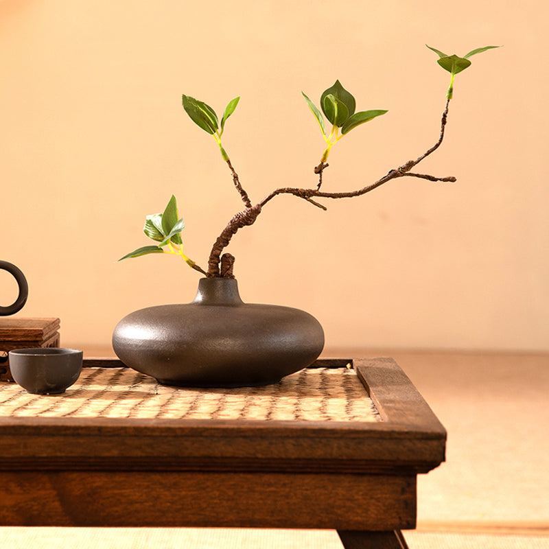 Silk Ficus Branch in Black Frosted Vase - 11.8"