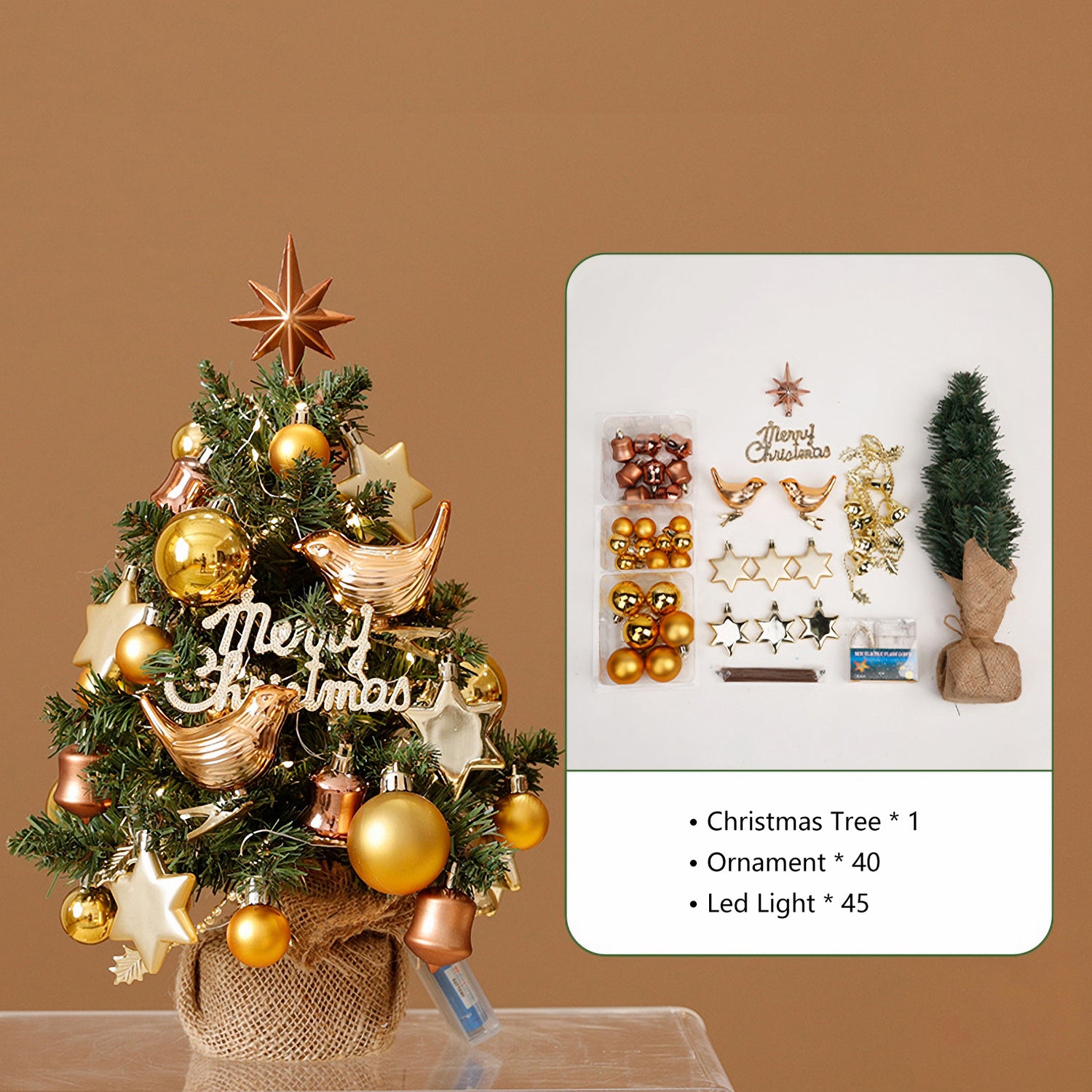 Gouden kunstmatige kerstboomset voor op tafel met licht - 15,7&