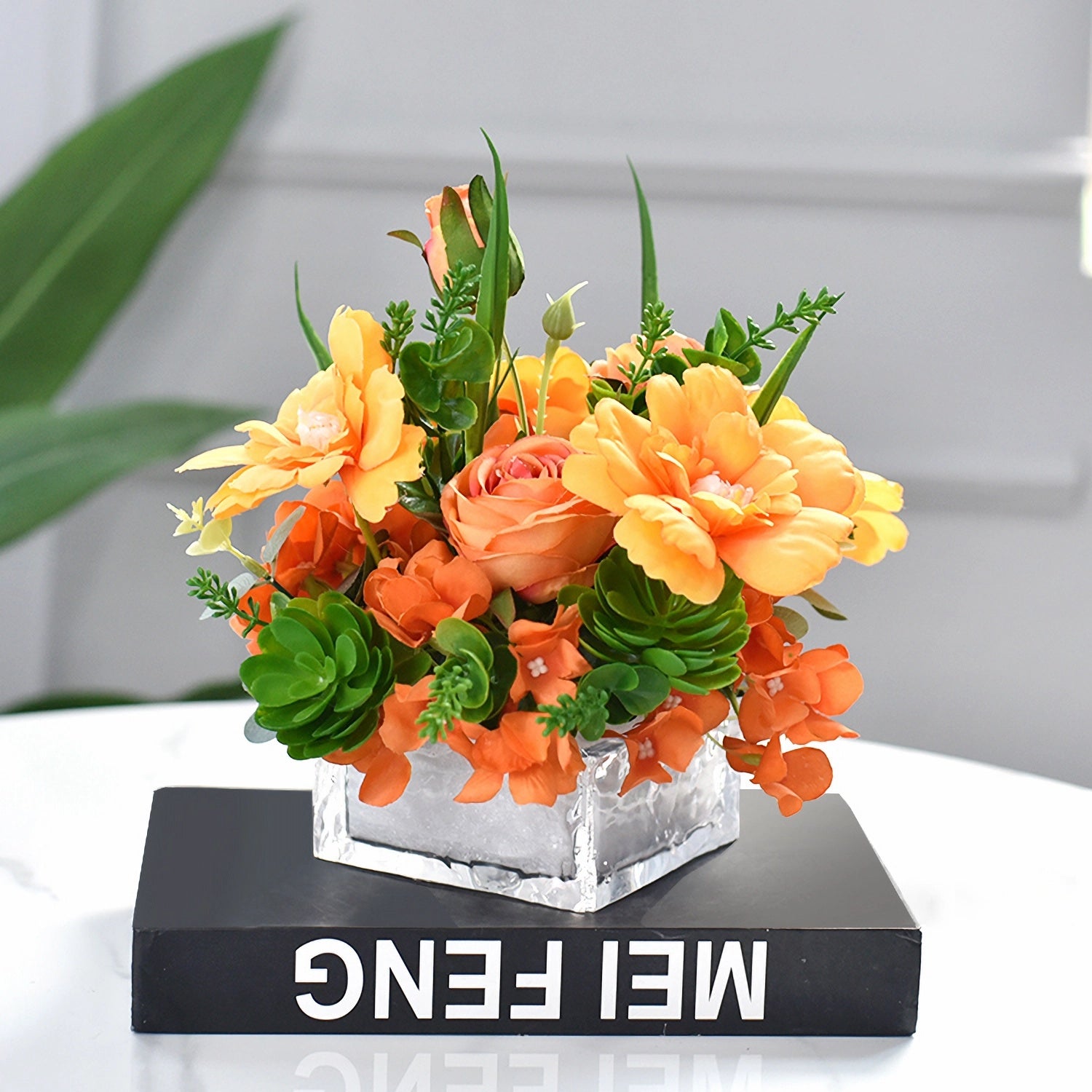 Orange Rose, Hydrangea, Cockscomb & Succulent Plants Faux Flower Centerpiece - 7.8"