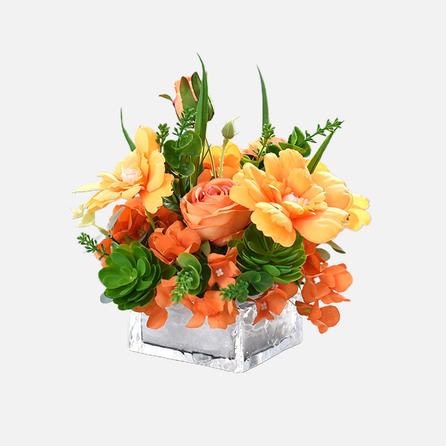 Orange Rose, Hydrangea, Cockscomb & Succulent Plants Faux Flower Centerpiece - 7.8"