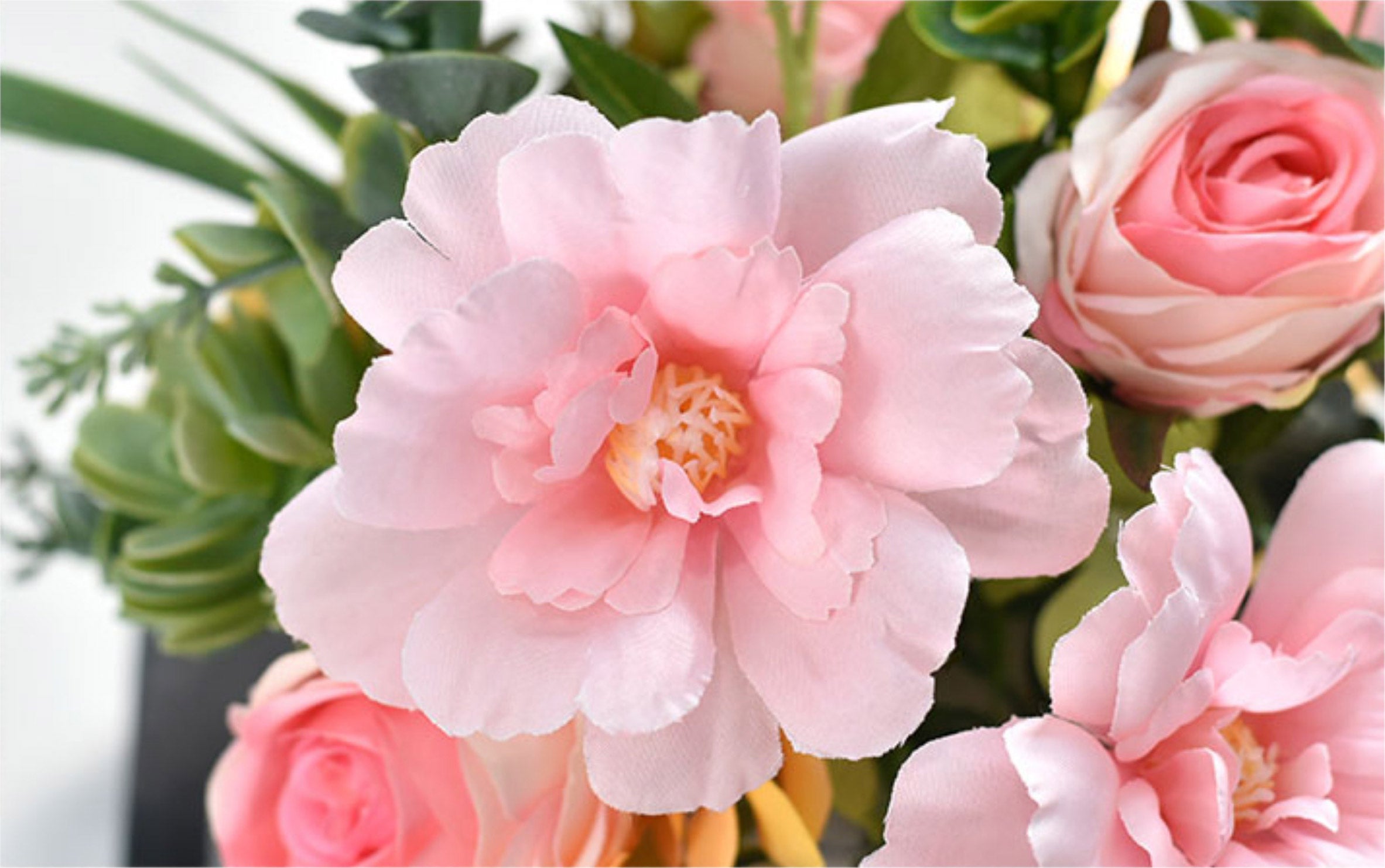 Light Pink Rose, Hydrangea, Cockscomb & Succulent Plants Fake Flower Centerpiece - 7.8"