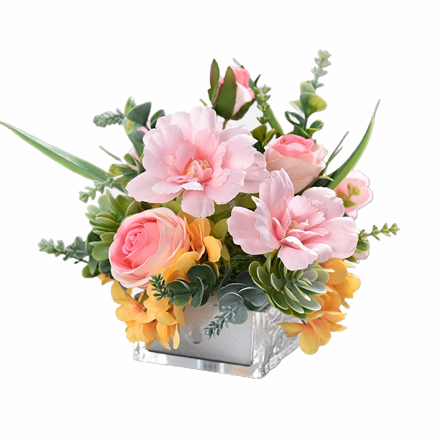 Orange und Rosa Rose, Hortensie, Hahnenkamm & Sukkulenten Pflanzen Seidenblumenarrangement - 7.8"