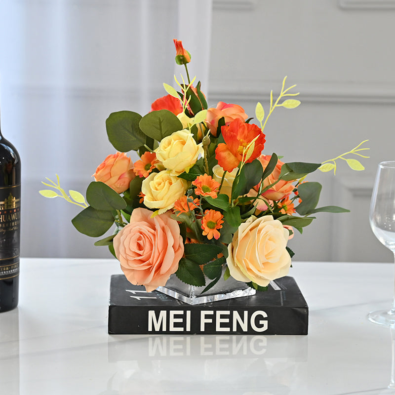 Oranje Roos, Wilde Chrysant & Pioen Kunstbloem Middenstuk - 9.8"