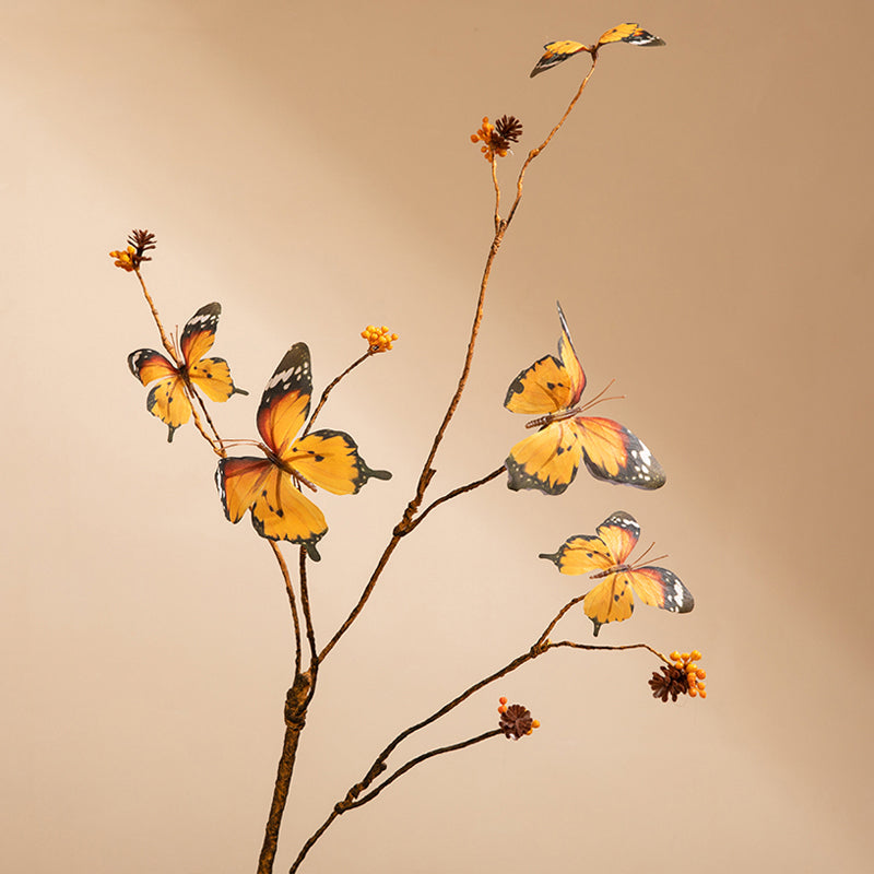 Orange Butterfly Branch in Black Glaze Ceramic Vase - 17.8"