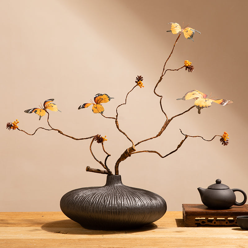 Orange Butterfly Branch in Black Glaze Ceramic Vase - 17.8"