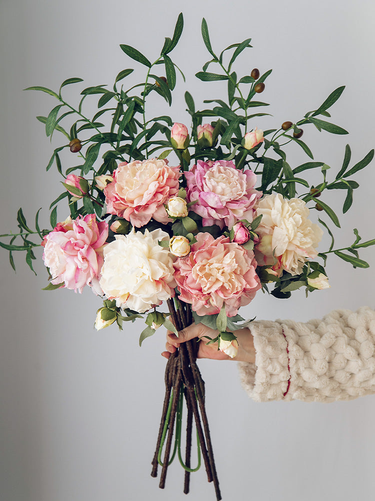 Artificial Peony Stem with Burnt Edge Petals - Decorative Floral Branch – 23.6"