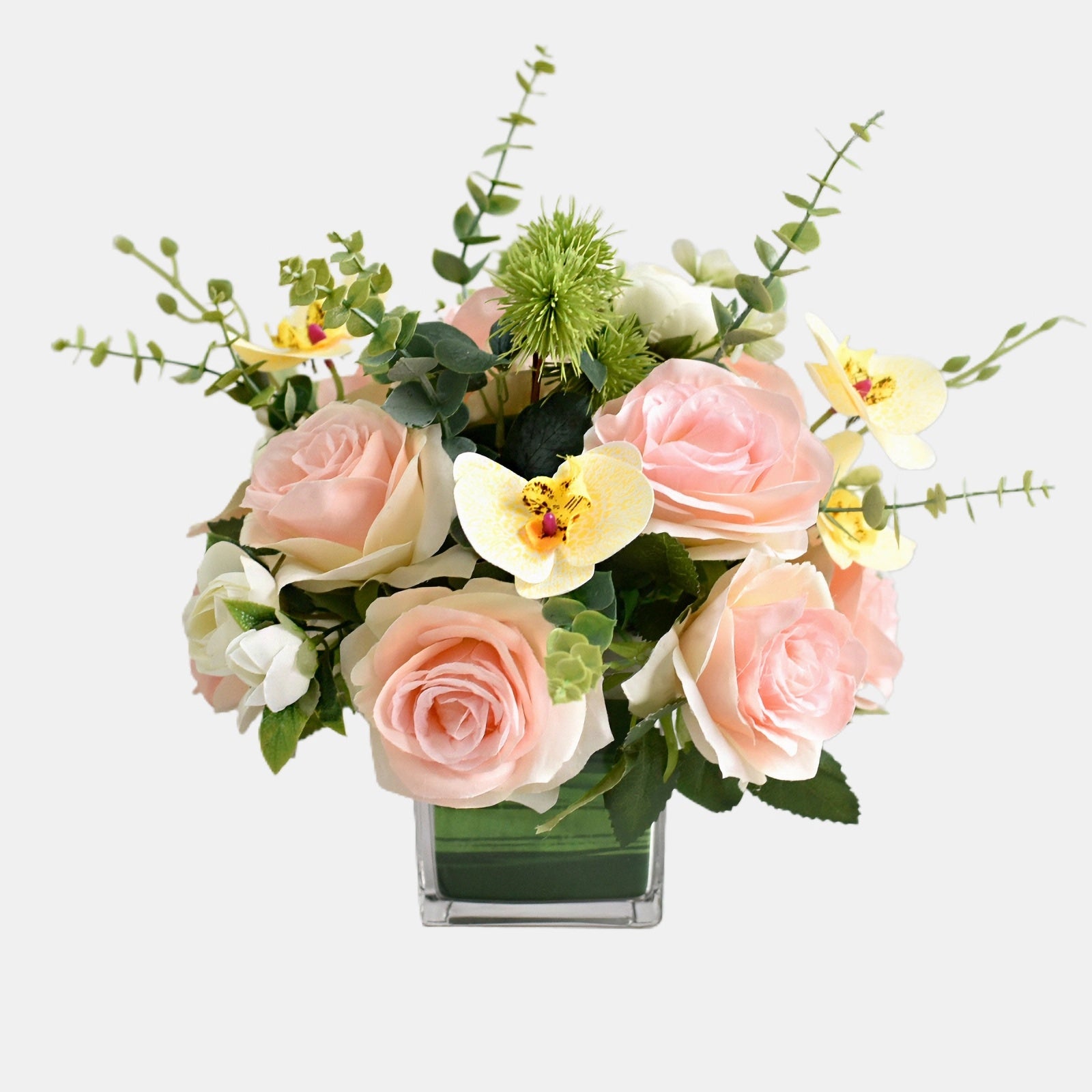 Centrotavola con fiori artificiali Rosa rosa, Orchidea falena, Garofano e foglie di eucalipto - 10.6"