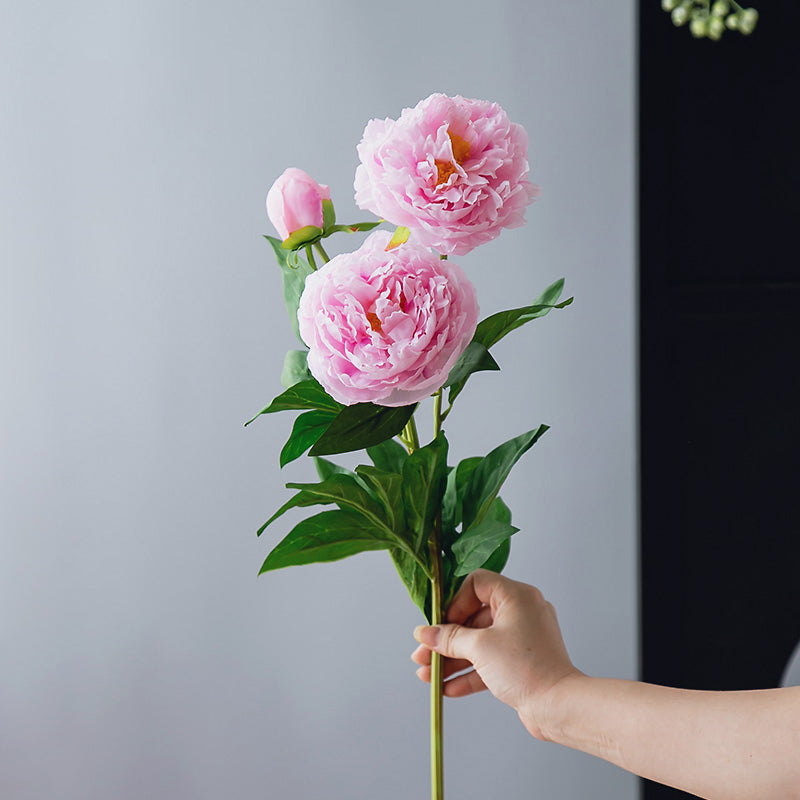 Stelo di Peonia Real Touch a 3 Teste in Vaso Blu e Bianco - 20"