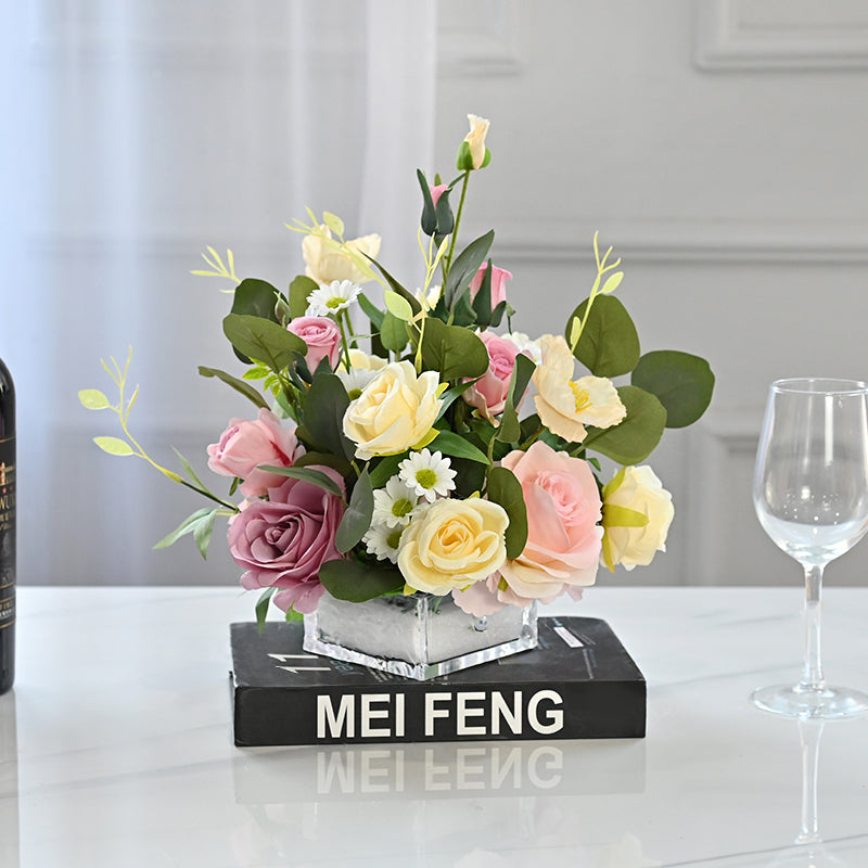 Composizione di fiori artificiali con rosa rosa e viola, crisantemo selvatico e peonia - 9.8"