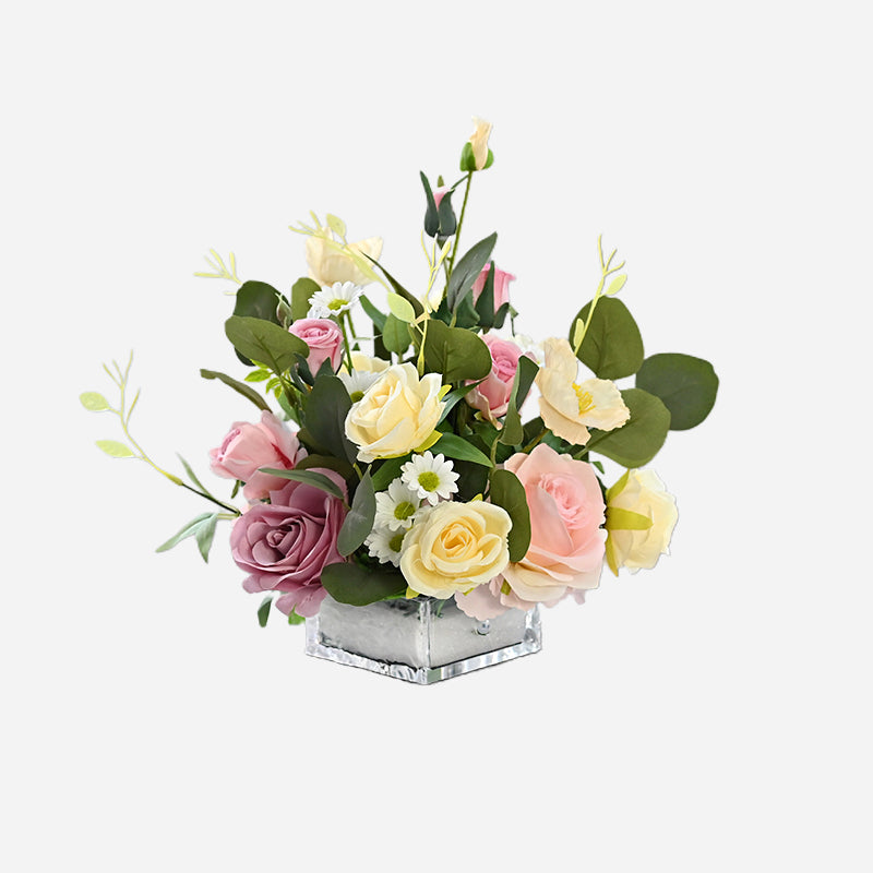 Composizione di fiori artificiali con rosa rosa e viola, crisantemo selvatico e peonia - 9.8"