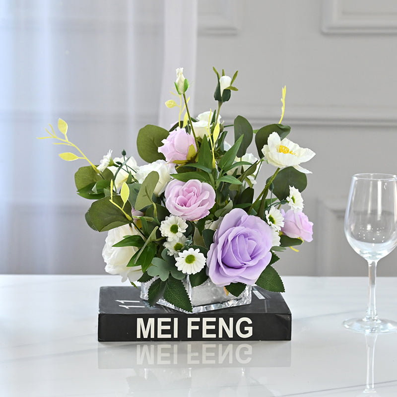 Purple Rose, Wild Chrysanthemum & Peony Silk Flower Centerpiece - 9.8"