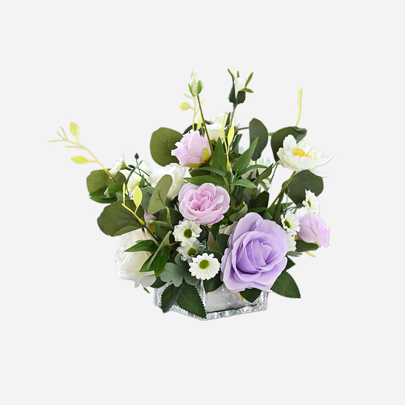 Purple Rose, Wild Chrysanthemum & Peony Silk Flower Centerpiece - 9.8"