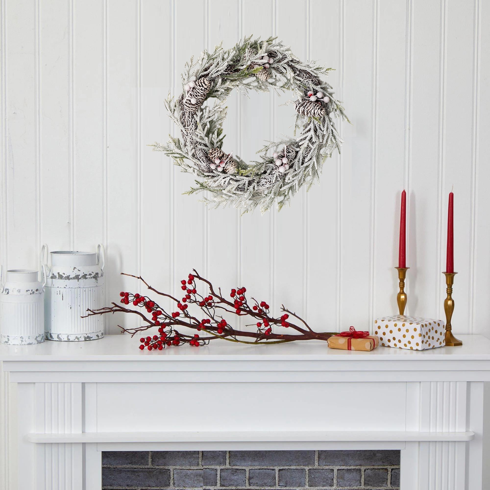 Snowed Mixed Artificial Pine Wreath with Pine Cones and Berries - 20&