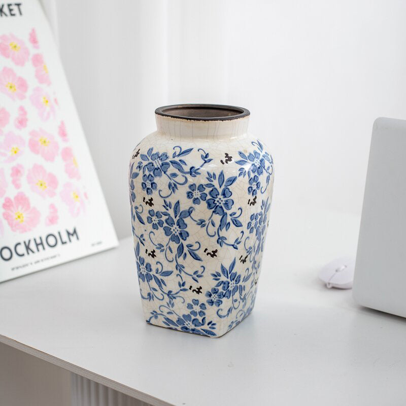 Stelo di Peonia Real Touch a 3 Teste in Vaso Blu e Bianco - 20"