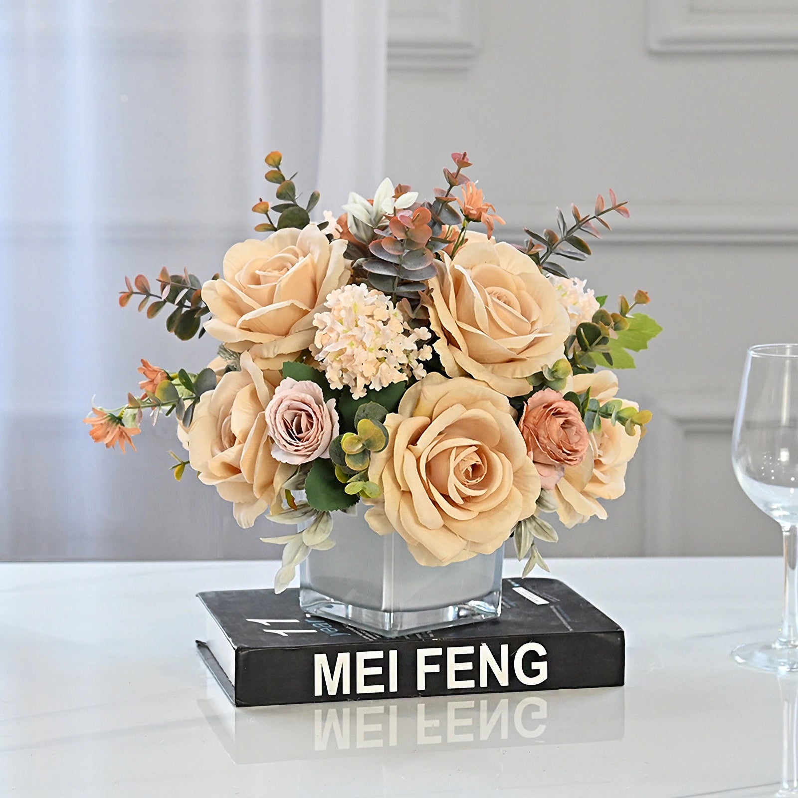 Vintage Champagne Rose, Chinese Rose, Hydrangea & Eucalyptus Leaves Silk Flower Centerpiece - 10.6"