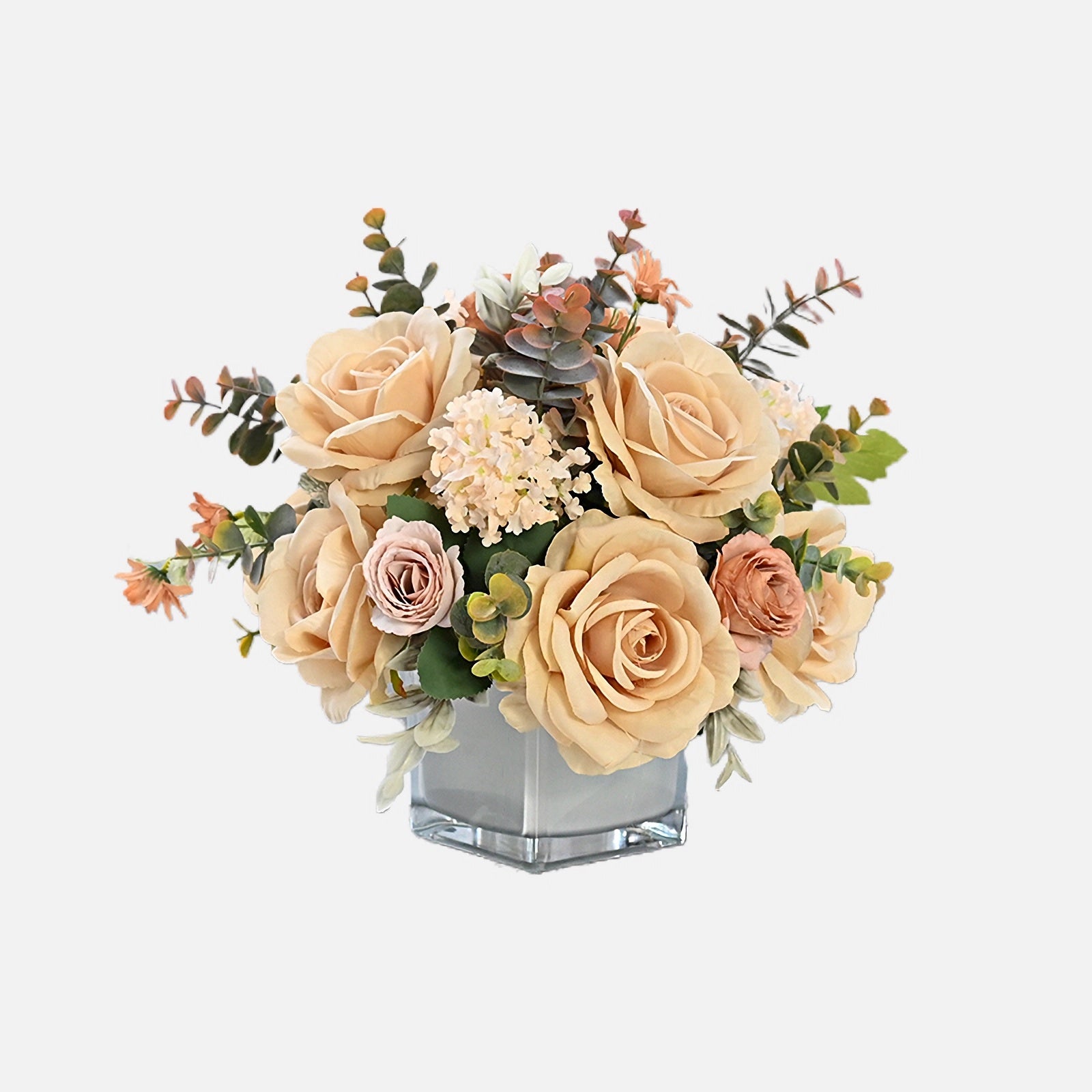Vintage Champagne Rose, Chinese Rose, Hydrangea & Eucalyptus Leaves Silk Flower Centerpiece - 10.6"