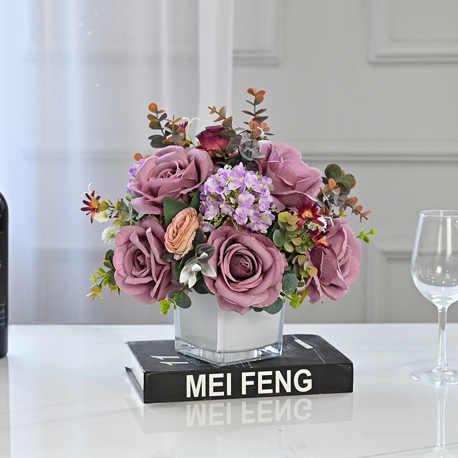 Vintage Purple Rose, Chinese Rose, Hydrangea & Eucalyptus Leaves Silk Flower Centerpiece - 10.6"