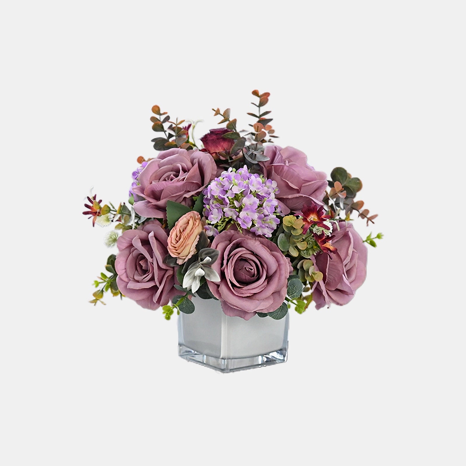 Vintage Purple Rose, Chinese Rose, Hydrangea & Eucalyptus Leaves Silk Flower Centerpiece - 10.6"