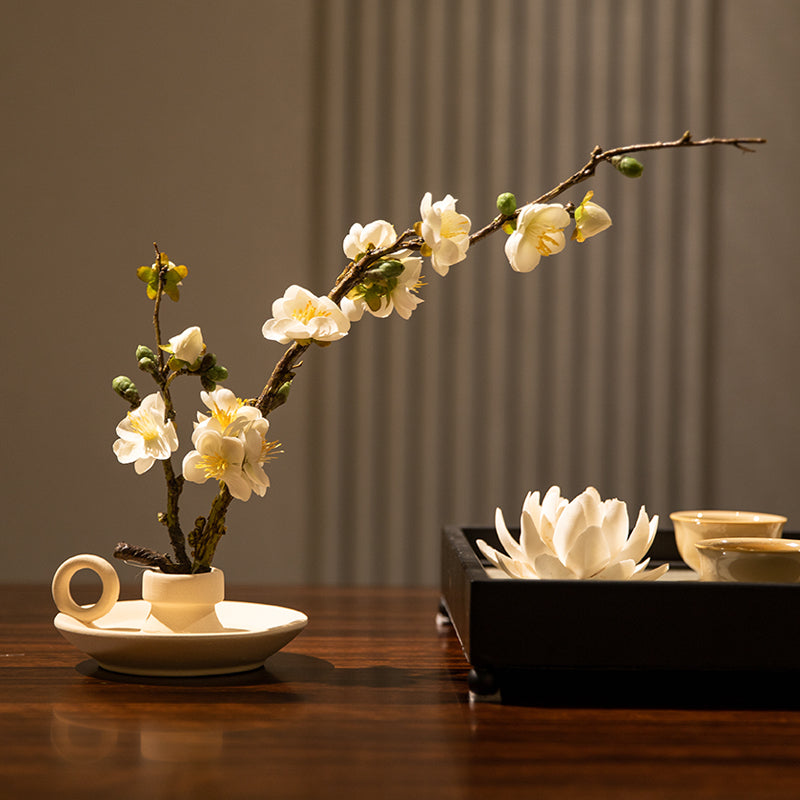 Elegant Silk Plum Blossom with Teacup Vase - 11"