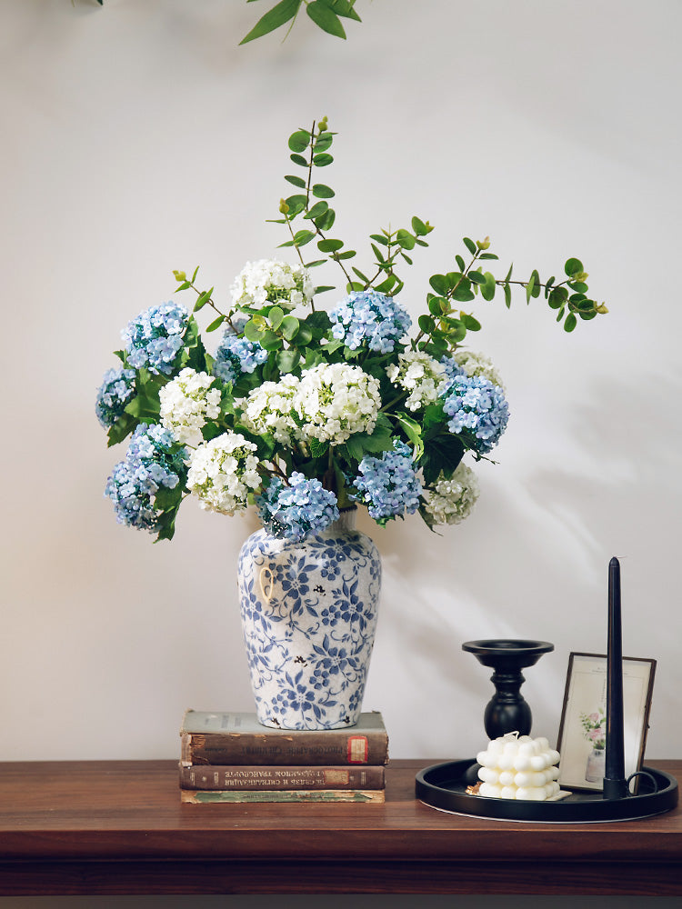 Ortensia a 3 teste in vaso di porcellana blu e bianco - 21.6"