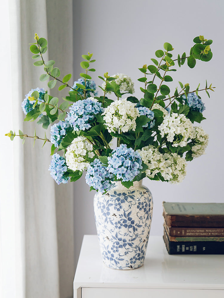 Ortensia a 3 teste in vaso di porcellana blu e bianco - 21.6"