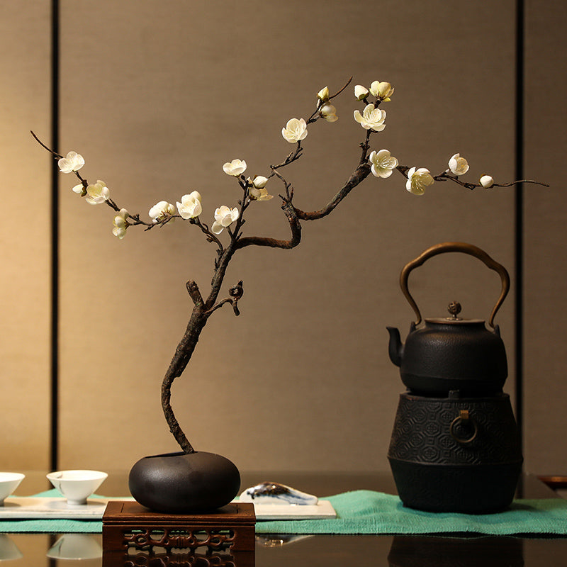 Plum Blossom Silk Arrangement in Zen Oval Vase - 21.5"