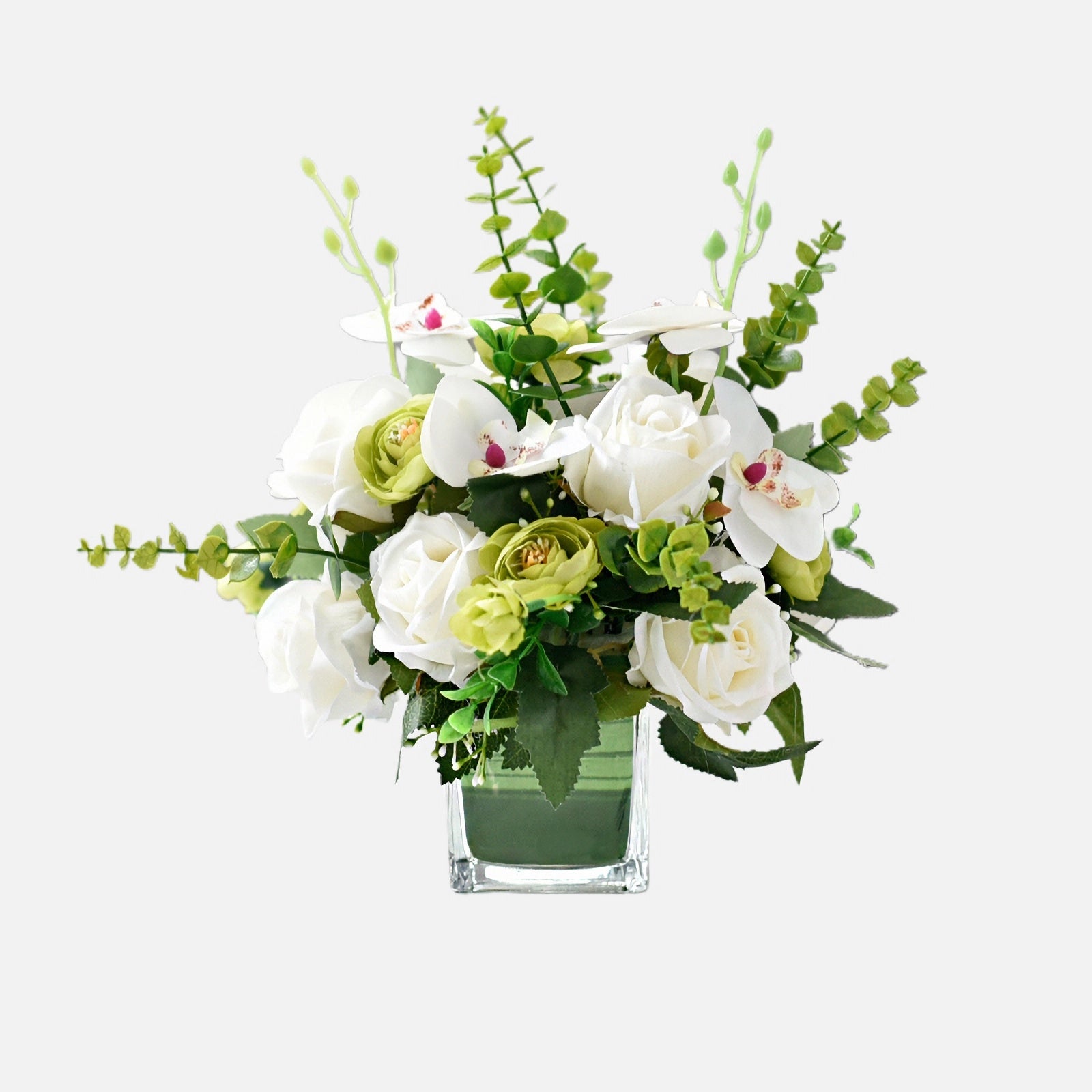 Centrotavola con fiori artificiali di rosa bianca, orchidea falena e foglie di eucalipto - 7.8"