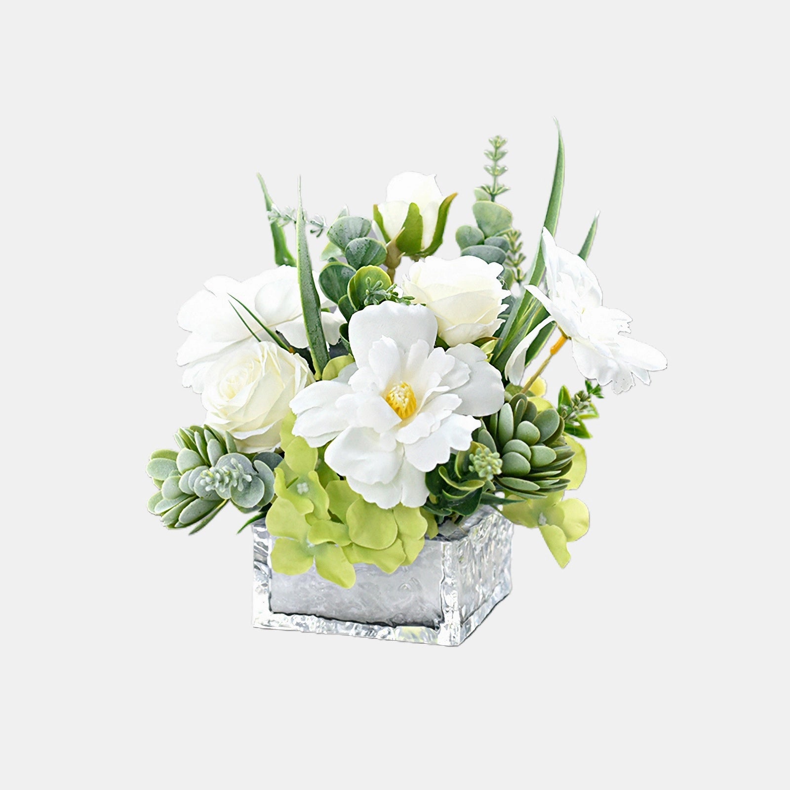 Witte roos, hortensia, hanekam en vetplanten zijden bloemstuk - 7.8"