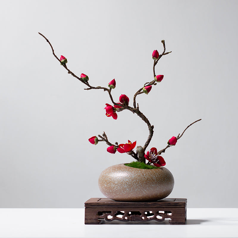 Japanese-Style Artificial Plum Blossom Floral Arrangement - 11.8"