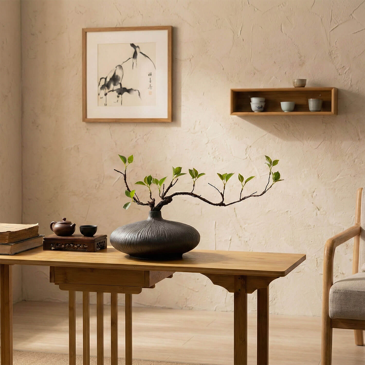 Faux ficus branch in ceramic vase enhancing a serene tea room with natural minimalist decor