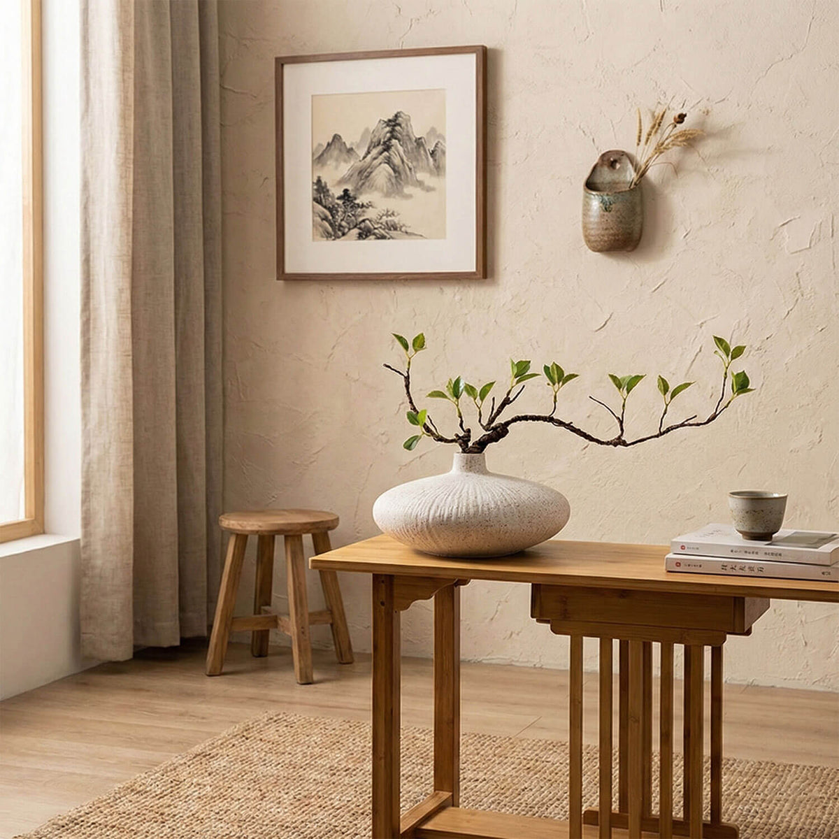 Artificial ficus plant in white ceramic vase placed in a minimalist study room