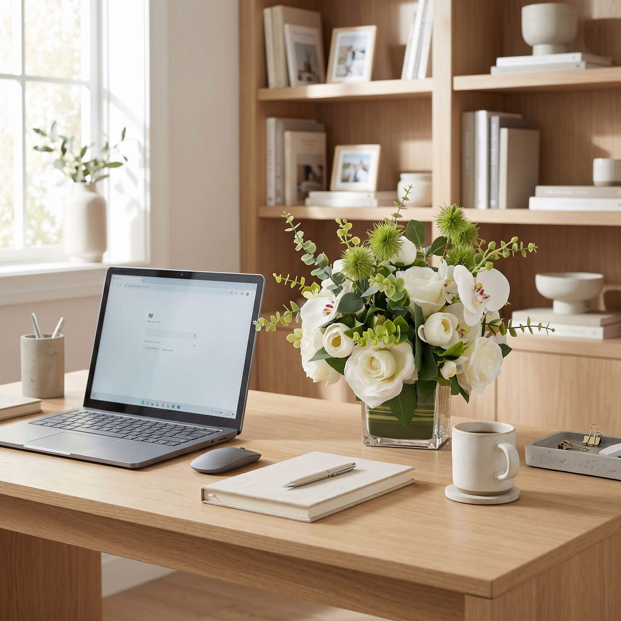 Compact floral centerpiece with orchids, roses, and eucalyptus displayed on a study desk, adding natural beauty to a productive workspace.