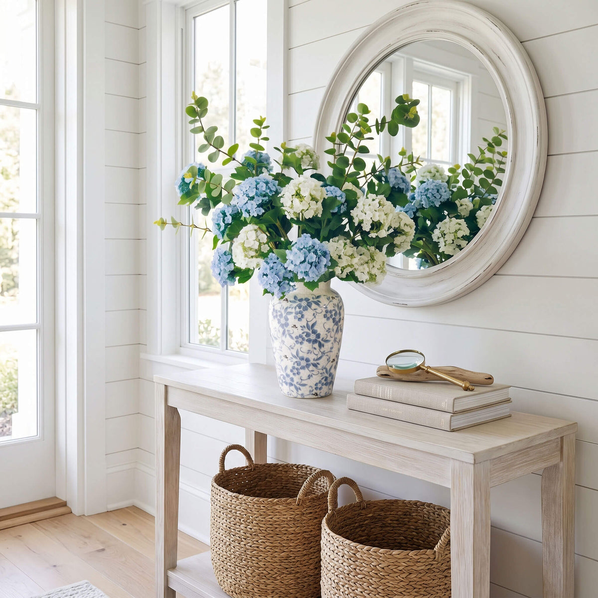 Artificial Hydrangea Arrangement in Blue & White Porcelain Vase - 21.6"