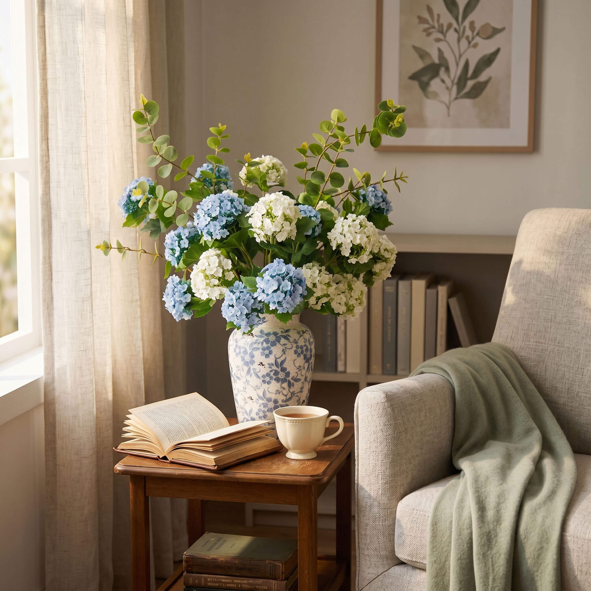 Artificial blue hydrangea arrangement placed beside a cozy reading nook, adding a calming botanical touch to a quiet afternoon retreat.