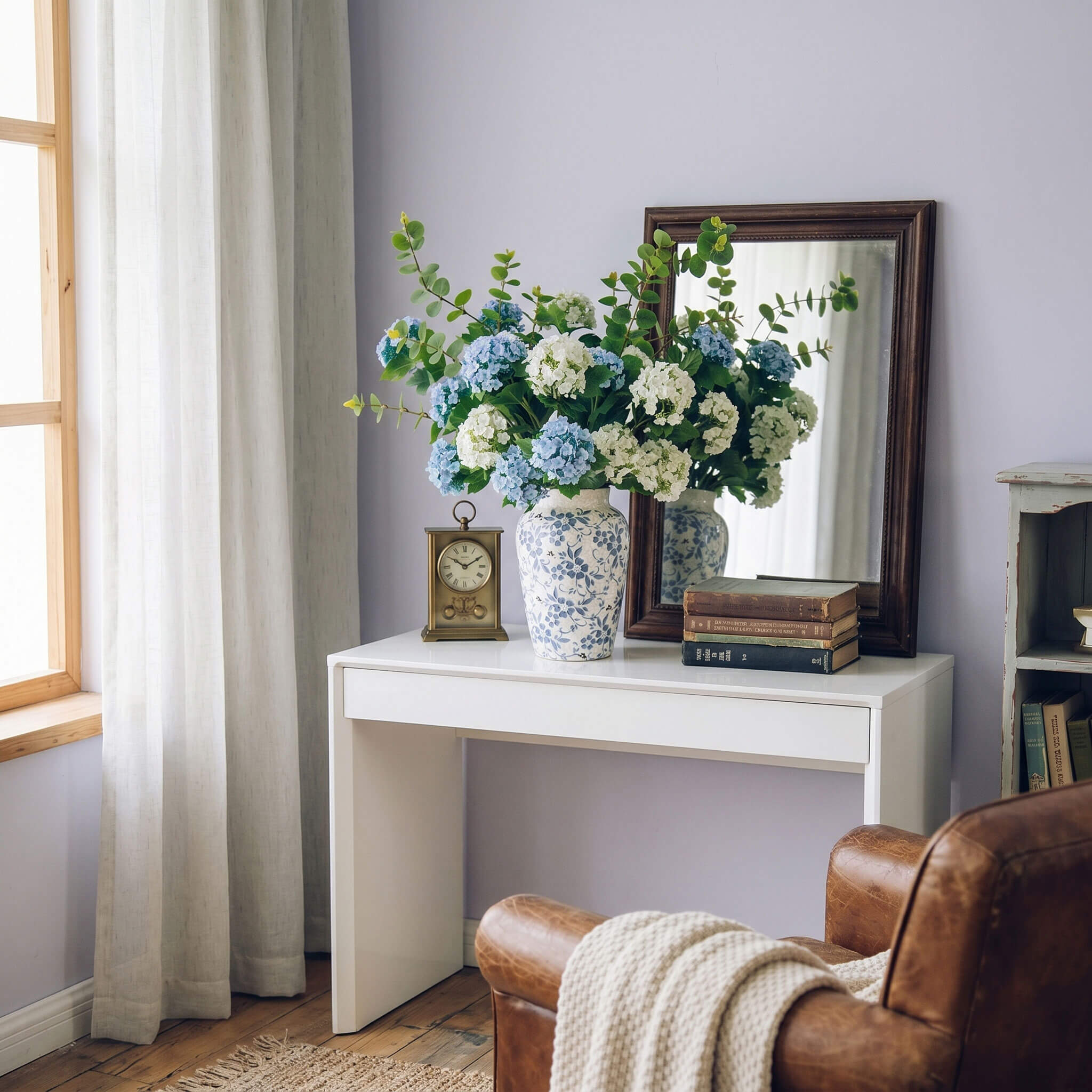 Artificial hydrangea centerpiece placed on a bedroom table, creating a calm and cozy atmosphere.