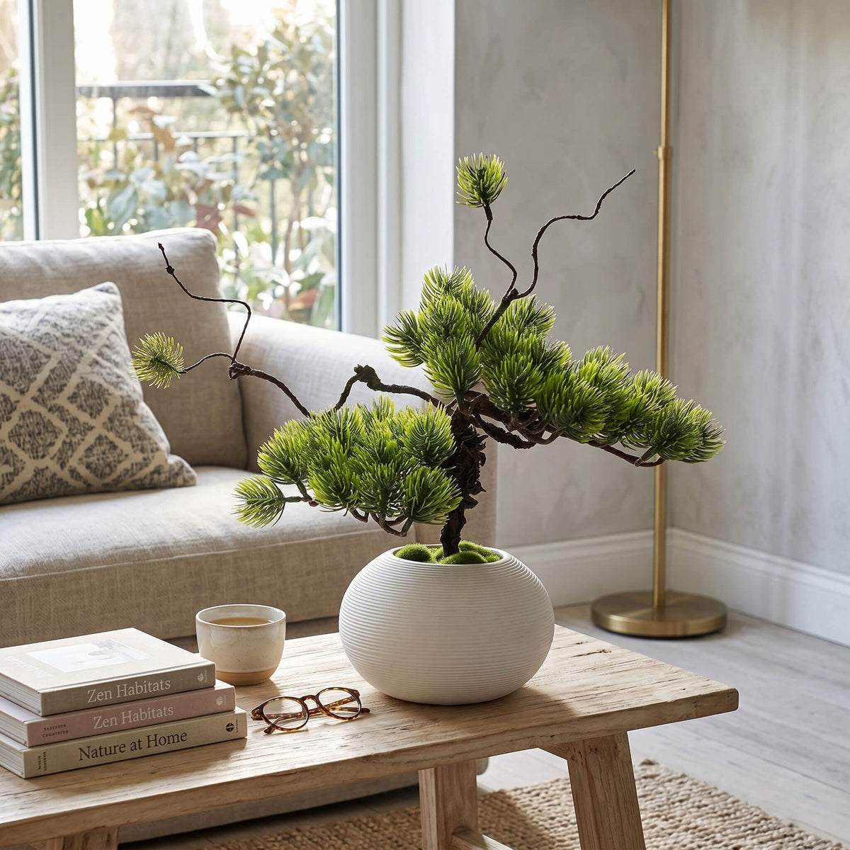 Artificial pine tree styled in a living room, placed on a coffee table with a clean white ceramic vase for a natural touch.